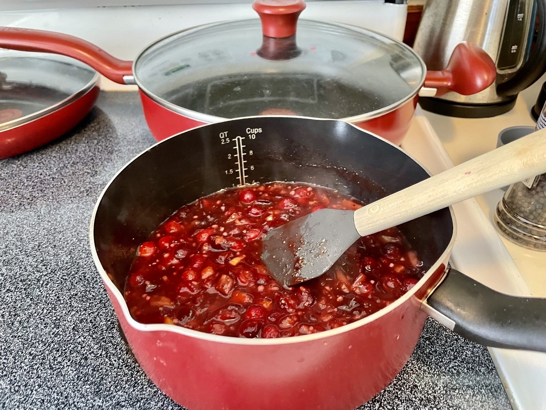 The same pot with cranberry sauce added, so the chutney is a thick red sauce 