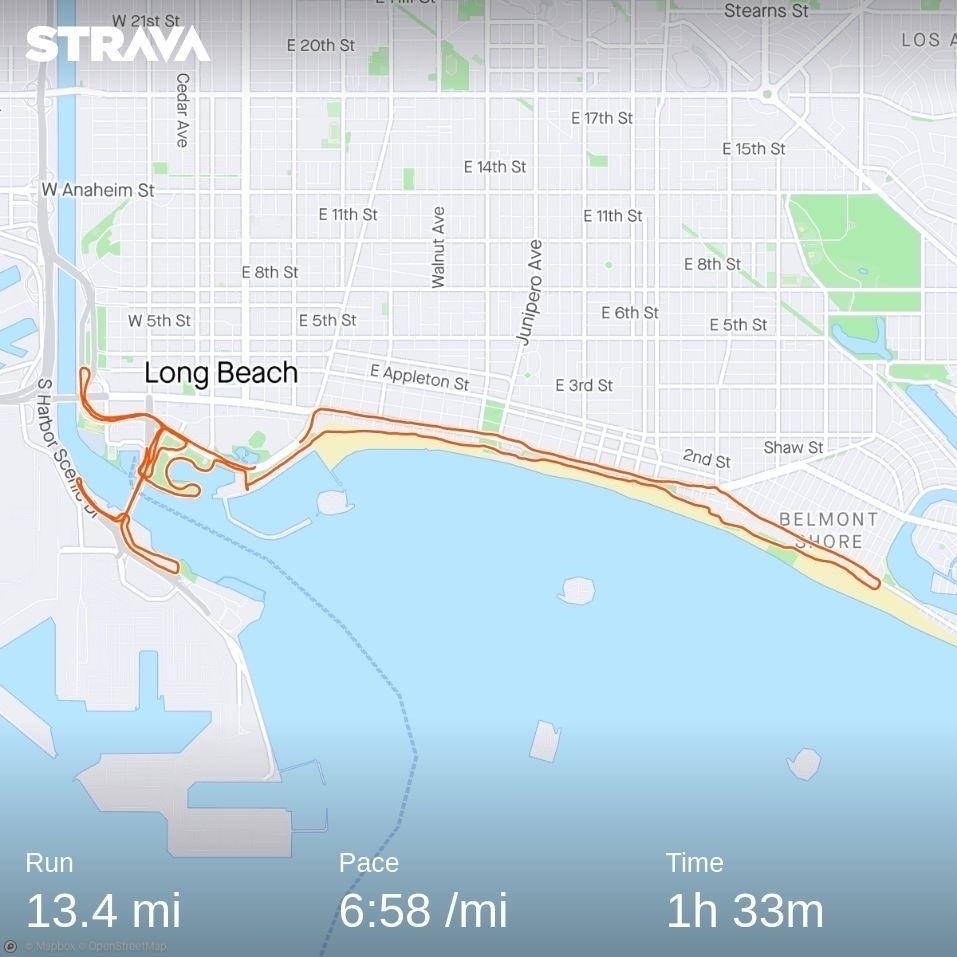 A map of a 13.4-mile run along the Long Beach waterfront, with an average pace of 6:58 minutes per mile recorded 